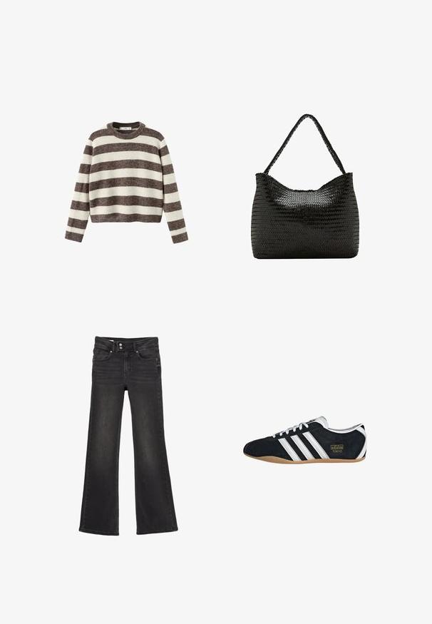 Stripet pullover sweater i creme og mørkebrun. Ribstrikket rund hals, lange ærmer og en kortet kant. Blød tekstur med en afslappet pasform.; Sorte højtaljede flare jeans med dobbelt knaplukning og frontlommer, der viser subtile falmede detaljer på lårene.; Sort ruskinds sneaker med hvide tre striber, guldlogo og en brun gummisål. Har et lavprofil snørebåndsdesign.; Sort skuldertaske i vævet læder med et enkelt flettet håndtag og en blød, afrundet rektangulær form.