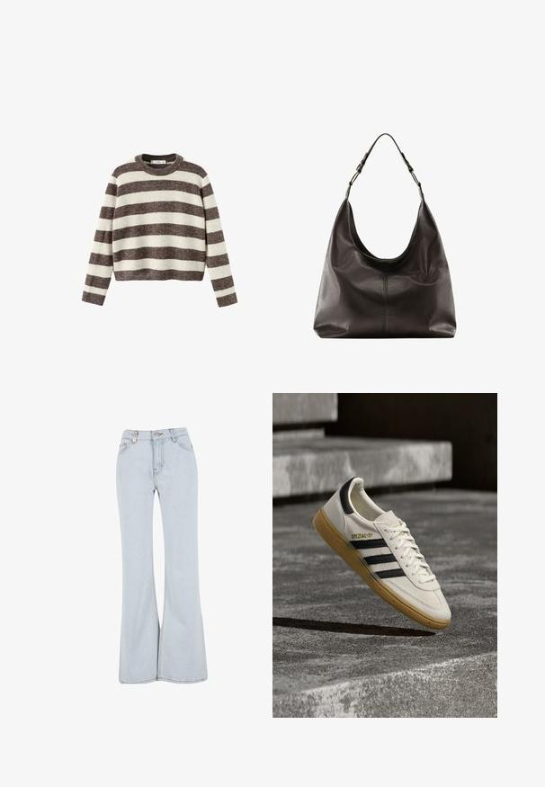 Stripet pullover sweater i creme og mørkebrun. Ribstrikket rund hals, lange ærmer og en kortet kant. Blød tekstur med en afslappet pasform.; Lyseblå udsvingende jeans lavet af denim med høj talje, fem lommer og kontrasterende syninger langs sømmene.; Hvid Adidas Spezial sneaker med sorte striber og gummisål, svævende over grå stentrin udendørs.; Sort læder hobo skuldertaske med justerbar strop og synligt centralt syningsmønster på en glat overflade.