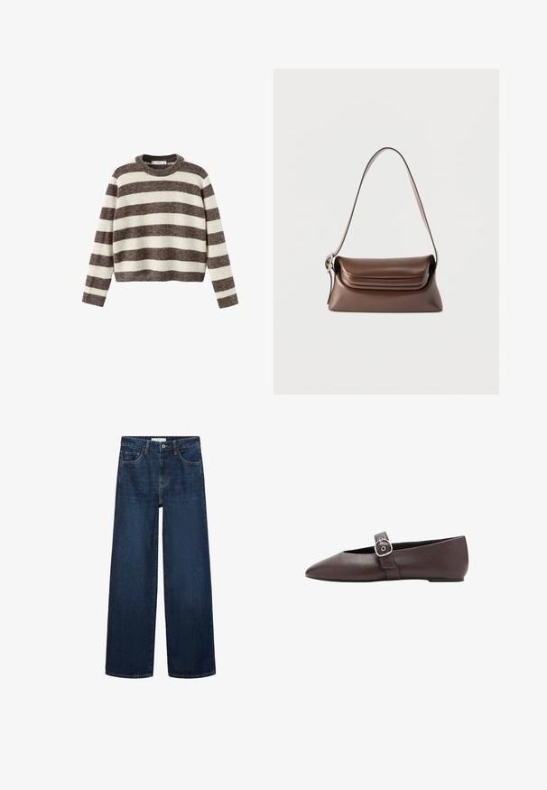 Gestreepte trui in crème en donkerbruin. Geribbelde ronde hals, lange mouwen en een cropped zoom. Zachte textuur met een ontspannen pasvorm.; Brede donkerblauwe denim jeans met hoge taille, voorzien van vijf zakken en een klassieke knoopsluiting. Glad textuur en rechte snit.; Bruine platte schoen met puntige neus, een zilveren gespsluiting over de wreef, gladde leren textuur en een lage hak.; Bruine leren schoudertas met een zilveren gesp op de band en een flapsluiting, afgebeeld tegen een witte achtergrond.