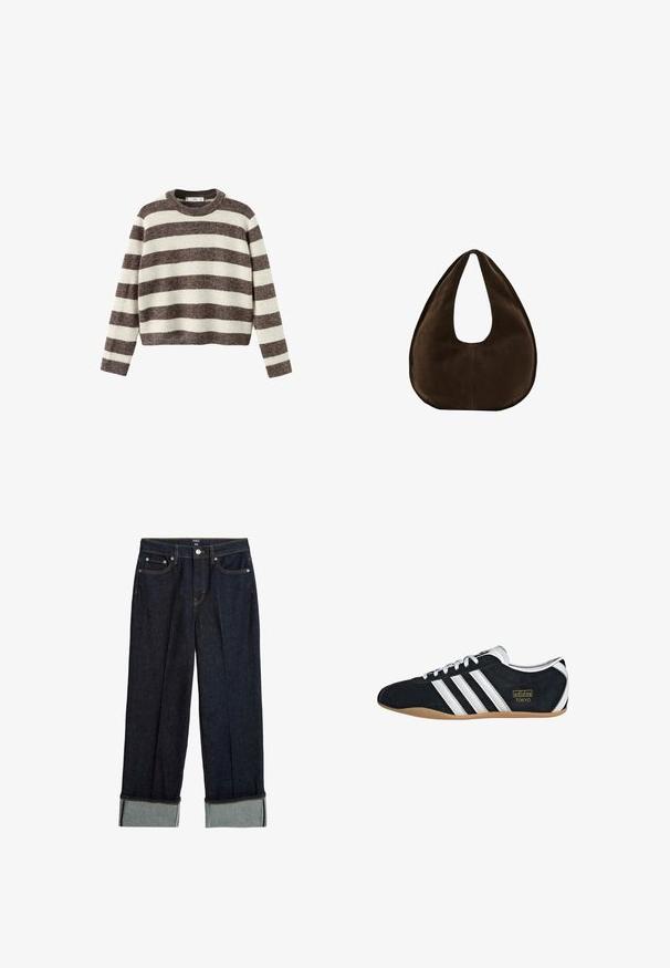 Stripet pullover sweater i creme og mørkebrun. Ribstrikket rund hals, lange ærmer og en kortet kant. Blød tekstur med en afslappet pasform.; Mørkeblå bredbenede jeans med opsmøg, der har orange syninger og klassisk fem-lommers design. Lavet af denimstof.; Sort ruskinds sneaker med hvide tre striber, guldlogo og en brun gummisål. Har et lavprofil snørebåndsdesign.; Mørkebrun ruskind skuldertaske formet som en halvmåne med en bred rem og glat tekstur på en hvid baggrund.