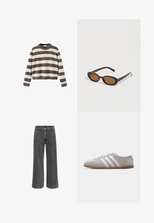 Stripet pullover sweater i creme og mørkebrun. Ribstrikket rund hals, lange ærmer og en kortet kant. Blød tekstur med en afslappet pasform.; Bredde bukser i falmet sort denim med en klassisk knaplukning, fem lomme-design og en let tekstureret finish.; Grå suedestøvle med hvide læderstriber og guldlogo-detalje. Flad gummisål, rund tå og klassisk snølukkedesign.; Solbriller med ovale brune linser, sorte plastikstel og tynde arme. Glat tekstur med et minimalistisk design.