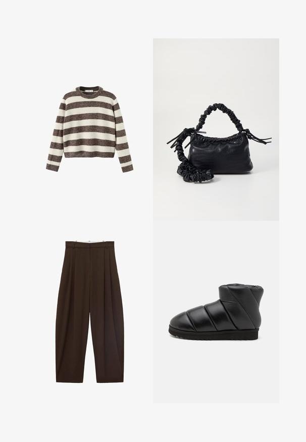 Stripet pullover sweater i creme og mørkebrun. Ribstrikket rund hals, lange ærmer og en kortet kant. Blød tekstur med en afslappet pasform.; Brune højtaljede bukser med folder, lavet af glat stof. Løs pasform, straight leg design, med bæltestropper og lynlås.; Sort ankelstøvle lavet af quiltet læder. Har en afrundet tå, forhøjede sømdetaljer og en tekstureret gummisål med skridsikre mønstre.; Sort kunstlæder håndtaske med krokodilteksur, indsnøret top og en sammenkrøben rem. Ser blød og kompakt ud i designet.