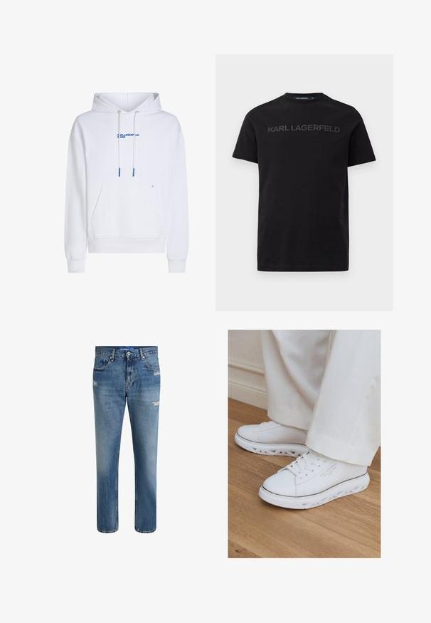 Sudadera con capucha blanca con un bolsillo frontal, cordones y texto de logo azul. Material suave, puños y dobladillo acanalados, con un diseño minimalista.; Camiseta de algodón negra con mangas cortas, que presenta un logo en relieve de "KARL LAGERFELD" en la parte frontal. Cuello redondo con una textura suave.; Jeans de mezclilla azul claro con un corte recto, que presentan un desvanecimiento sutil y detalles desgastados. Incluyen un cierre de botón y cinco bolsillos.; Zapatillas blancas bajas con suelas recortadas únicas, usadas con pantalones de color claro sobre un suelo de madera.