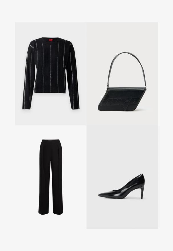 Sort ribbet sweater med lange ærmer, rund hals og sølvfarvede lodrette striber. Stoffet har en blød tekstur og har et mærkelabel ved halsudskæringen.; Sorte, vidde bukser lavet af glat stof, med høj talje, folder foran og en ren, skræddersyet finish.; Sort læder højhælede sko med spids tå, glat tekstur og en taperet hæl. Minimalistisk design uden yderligere udsmykninger.; Sort skuldertaske i læder med trekantet form, præget logo og en enkelt justerbar rem. Minimalistisk design med glat tekstur.