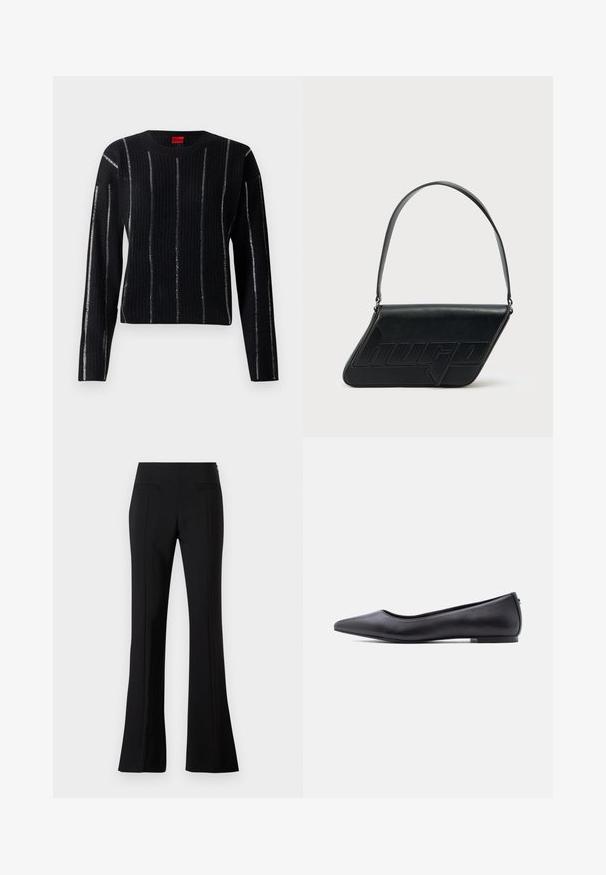 Pull noir côtelé avec manches longues, col rond et rayures verticales argentées. Le tissu a une texture douce et arbore une étiquette de marque au niveau du col.; Pantalons évasés noirs en tissu lisse avec une taille haute, dotés de deux poches arrière et d'un pli sur le devant de chaque jambe.; Chaussure plate en cuir noire à bout pointu avec petit talon, vue de profil sur fond blanc.; Sac d'épaule en cuir noir de forme triangulaire, avec un logo embossé et une seule bandoulière réglable. Design minimaliste avec une texture lisse.