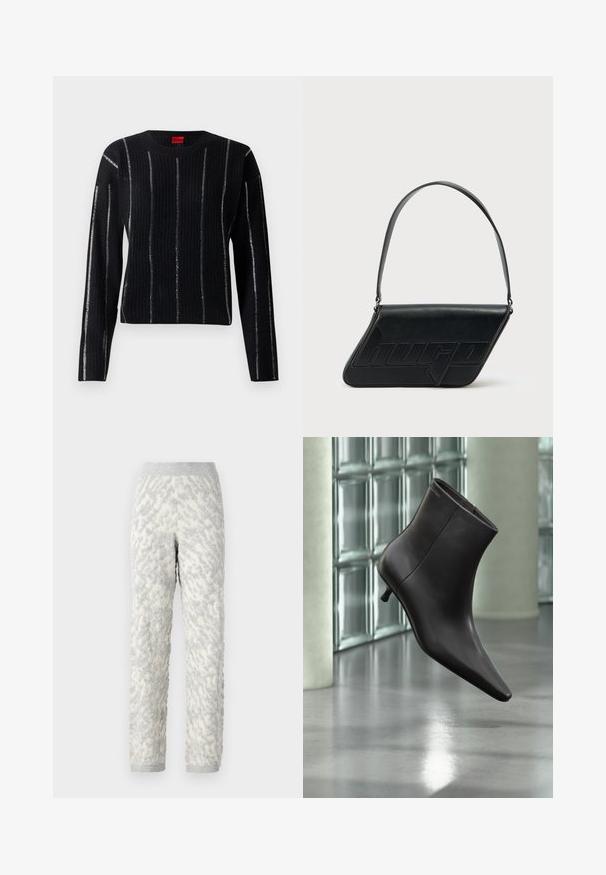 Sort ribbet sweater med lange ærmer, rund hals og sølvfarvede lodrette striber. Stoffet har en blød tekstur og har et mærkelabel ved halsudskæringen.; Strukturerede loungbukser i elfenben med grå mønstre, der har et blødt stof, elastisk talje og ribbede manchetter.; Sort læderankelstøvle med spids tå og lille hæl vist mod en væg af glasblokke og poleret gulv baggrund.; Sort skuldertaske i læder med trekantet form, præget logo og en enkelt justerbar rem. Minimalistisk design med glat tekstur.