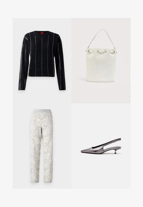 Sort ribbet sweater med lange ærmer, rund hals og sølvfarvede lodrette striber. Stoffet har en blød tekstur og har et mærkelabel ved halsudskæringen.; Strukturerede loungbukser i elfenben med grå mønstre, der har et blødt stof, elastisk talje og ribbede manchetter.; Metalgrå spids slingback-sko med lav kittenhæle og justerbar rem på hvid baggrund.; Hvid spandtaske med kort håndtag, sølvøjer og prægede "cK"-logo på forsiden.