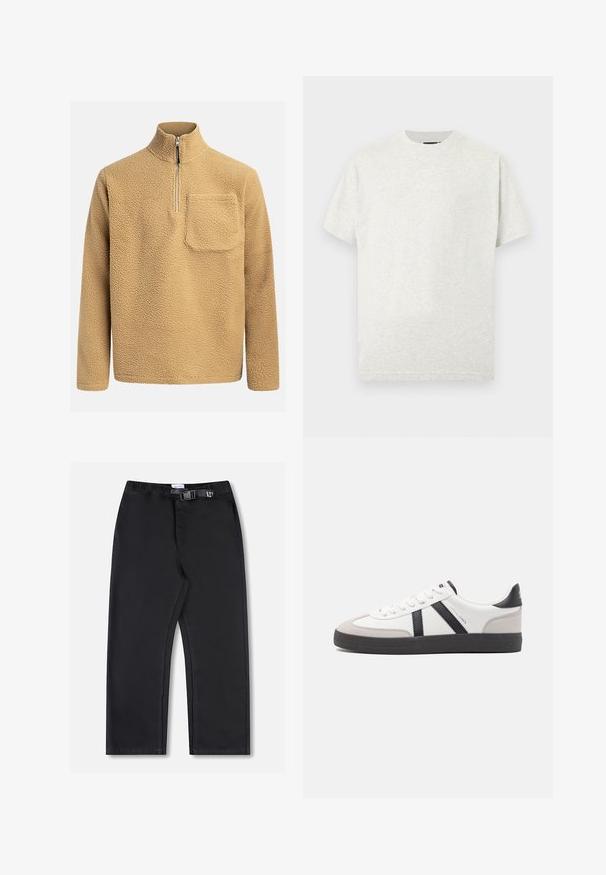 Pull en polaire beige avec un col montant, fermeture éclair sur le devant et une poche poitrine. Tissu texturé avec un aspect doux et confortable.; T-shirt en coton gris clair avec col rond, manches courtes et texture lisse. Design simple sans motifs ni accents visibles.; Pantalon noir à jambes droites avec taille élastique et fermeture latérale à boucle, présenté sur fond blanc.; Baskets blanches avec des accents noirs et gris, présentant un embout texturé gris, une semelle en caoutchouc noir et des lacets plats blancs. Design épuré, style minimaliste.