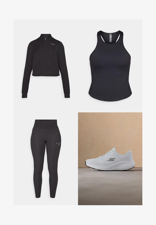 Sudadera negra corta con cuello alto y cremallera de un cuarto. Tiene mangas largas y un logotipo en el pecho. Textura de tela suave.; ONLY Play ONPSANA SHORT - Top - black; Leggings atléticos negros hechos de material elástico, con una cinturilla alta y un discreto detalle de logo en la pierna izquierda. Textura suave.; Zapatilla deportiva blanca con suela texturizada y parte superior de malla, con un logo plateado en forma de "S", flotando sobre una alfombra beige y un fondo de sofá.