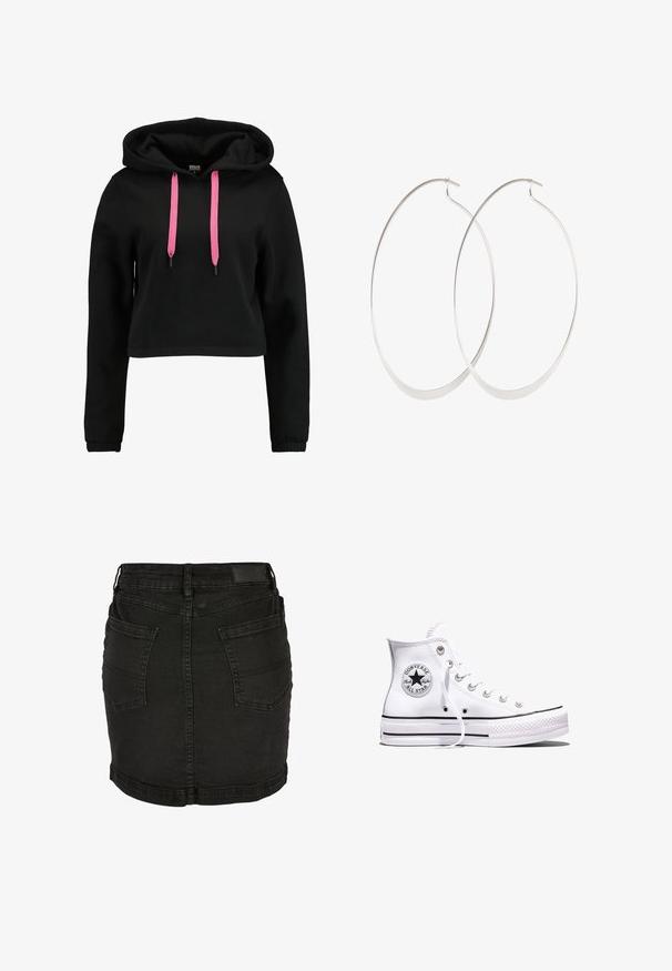 Sudadera recortada negra con una textura suave, que presenta una capucha con cordón y acentos en rosa brillante. Mangas largas con puños ajustados.; Minifalda vaquera negra con dos bolsillos traseros, presillas para cinturón y detalles de costuras.; Zapatilla Converse Chuck Taylor All Star blanca de caña alta con rayas negras y parche de logo en el lateral, mostrada sobre un fondo blanco liso.; Pendientes de aro plateados con un diseño delgado y suave; forma ovalada alargada; acabado pulido; presentan un cierre de gancho seguro.