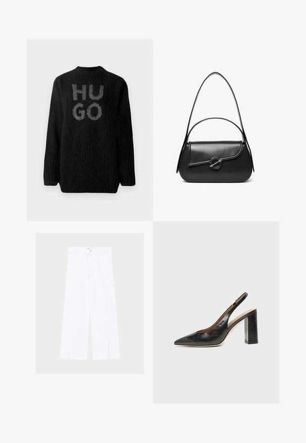 Jersey de punto grueso negro con textura de canalé, cuello redondo y el logo "HUGO" en plata en la parte frontal. Corte oversize con mangas largas.; Pantalones blancos de pierna ancha con aberturas delanteras en el bajo, cierre de botón y cremallera, y cinturilla estrecha con trabillas.; Zapato slingback de piel negra con puntera puntiaguda, tacón alto y ancho, y forro interior beige sobre un fondo claro y liso.; Bolso de hombro de cuero negro con una solapa curva asegurada por un broche metálico redondo y una correa delgada y ajustable.