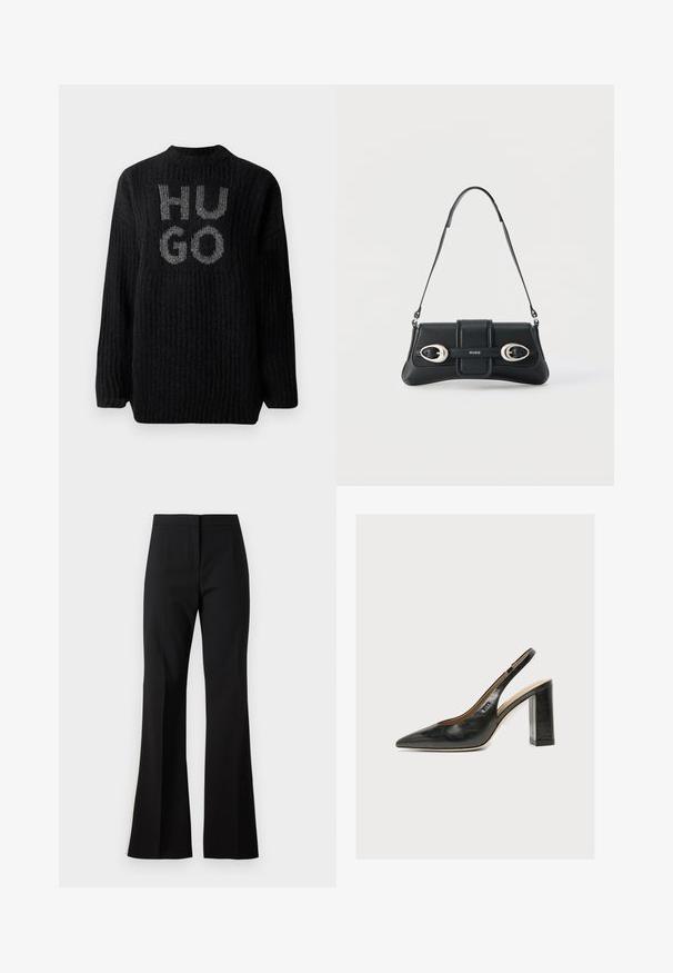 Jersey de punto grueso negro con textura de canalé, cuello redondo y el logo "HUGO" en plata en la parte frontal. Corte oversize con mangas largas.; Pantalones de campana negros hechos de una tela suave, con cintura alta, pliegues delanteros y un acabado limpio en los bajos.; Zapato de mujer slingback de piel negra con puntera puntiaguda y tacón alto grueso de bloque sobre fondo blanco.; Bolso de hombro de cuero negro con dos hebillas plateadas y correa ajustable, con el logo "HUGO" en el centro frontal.