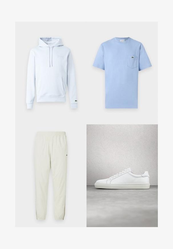 Lyseblå hættetrøje i blødt stof med kængurulomme, justerbare snore og et præget logo på brystet.; Lyseblå T-shirt med korte ærmer og en forlommer med en lille grøn Lacoste-krokodillelogo.; Creme letvægts joggere med elastisk talje, manchetter ved anklerne, sideåbninger og et lille grønt logo på den øverste lår.; Hvide sneakers med en glat læderoverdel og lav profil. Har en rund tå, seks snørehuller og en tekstureret gummisål.