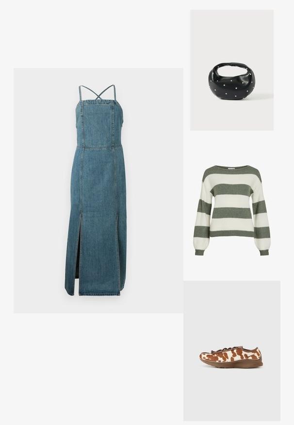 Groen en wit gestreepte trui, met een relaxte pasvorm, brede mouwen en geribbelde manchetten. Gemaakt van zachte, gestructureerde breimateriaal.; Denim jurk met een aansluitend lijfje, verstelbare kruisbanden op de rug en een zijsplit. Het heeft een gemiddelde blauwe wassing en een rechte snit.; Bruine en crèmekleurige sneaker met een zacht, getextureerd bovenwerk en een gladde bruine zool. Voorzien van een vetersluiting en subtiele branding.; Zwarte leren handtas met een afgeronde vorm, versierd met zilveren studs, en een korte handgreep. Gladde textuur en ritsluiting.