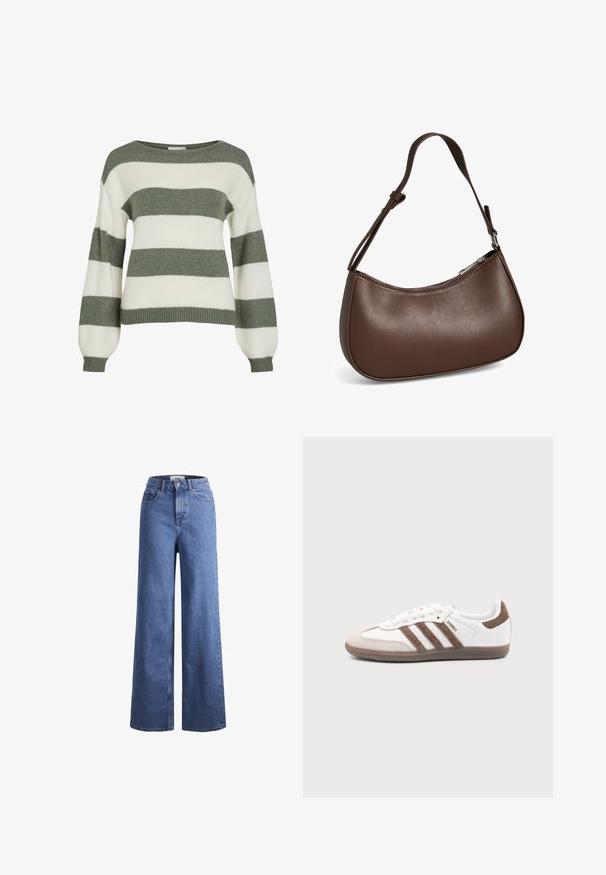 Pull rayé vert et blanc, avec une coupe décontractée, des manches larges et des bords côtelés. Fabriqué en matière tricotée douce et texturée.; Jean large en denim bleu clair avec taille haute, deux poches avant et coutures visibles. Fermeture à bouton et à zip.; Baskets Adidas Samba blanches avec des bandes en daim marron, semelle en caoutchouc marron et bout en daim beige, vues du côté extérieur sur un fond uni.; Petit sac bandoulière en cuir marron avec sangle réglable et fermeture éclair, présenté sur fond blanc. Aucun logo ou décoration visible.