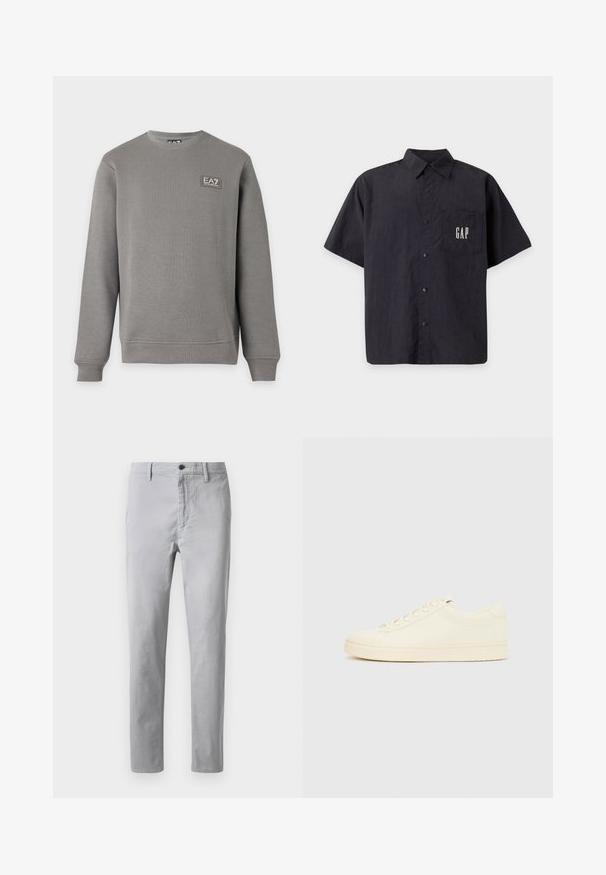 Šedá mikina s dlhými rukávmi a okrúhlym výstrihom, s rebrovanými manžetami a lemem, s malou nášivkou s logom EA7 Emporio Armani na hornej ľavej strane hrudníka.; Čierna košeľa s krátkym rukávom na gombíky s golierom a vreckom na ľavej strane hrudníka s logom GAP v bielych písmenách.; Sivé bavlnené chinos nohavice s rovný fit, so zapínaním na gombík, pútkami na opasok a bočnými vreckami. Hladká textúra s minimálnymi švovými detailmi.; Sneaker krémovej farby s hladkým koženým zvrškom, zaoblenou špičkou, šnurovačkou vpredu a textúrovanou gumovou podrážkou. Minimalistický dizajn, bez loga.