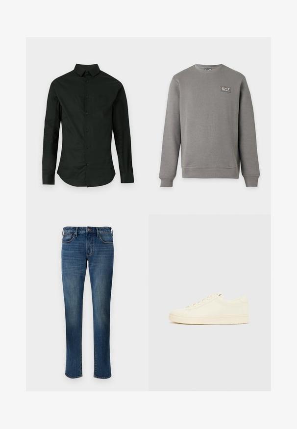 Sweat-shirt gris à manches longues avec col rond, poignets et ourlet côtelés, comportant un petit patch logo EA7 Emporio Armani sur la partie supérieure gauche de la poitrine.; Chemise noire à manches longues en tissu lisse, avec un devant à boutons, un col classique et un ourlet arrondi sans motifs ni accents visibles.; Jean en denim d'un bleu moyen. Présente un design à jambe droite, style cinq poches, fermeture éclair à l'avant et coutures contrastées.; Baskets couleur crème avec une tige en cuir lisse, bout arrondi, laçage à l'avant et semelle en caoutchouc texturée. Design minimaliste, sans logo.