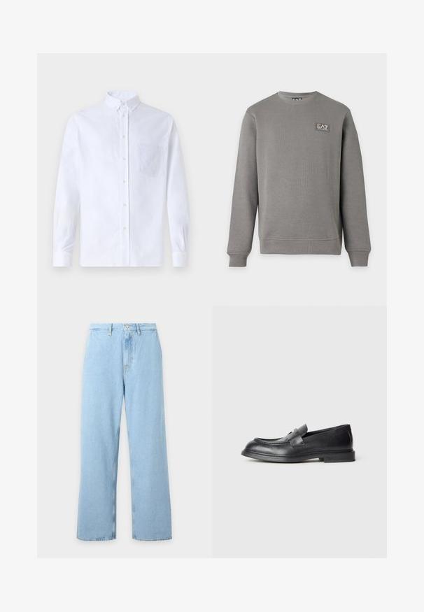 Hall pika varrukaga lahtine pusa soonikkoes varrukaotste ja äärega, millel on väike EA7 Emporio Armani logo märk ülemisel vasakul rinnal.; Valge pikamaa varrukatega nööbiga särk, mis on valmistatud puuvillast ja millel on rinna tasku toon-toonis brodeeringuga, krae ja nööbiga mansetid.; Helelehised hele sinised kõrge vöökohaga püksid vööaasade, ees nööpide ja lukuga sulguriga, näidatud ühtlasel heledal taustal.; Mustad nahast mokassiinid tekstuurse viimistlusega, ees kaunistava sangaga ja ümarate ninadega. Kita on kummist, et tagada vastupidavus.