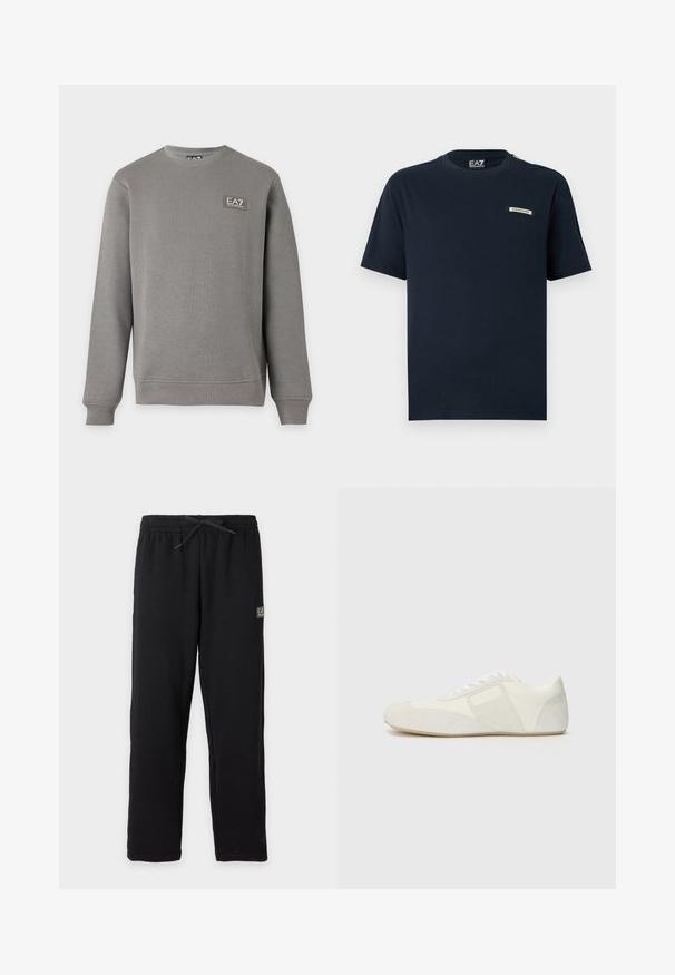 Grå langærmet sweatshirt med rund hals, ribkanter ved ærmer og kant, med et lille EA7 Emporio Armani logo patch på øverste venstre bryst.; T-shirt i navyblå bomuld med korte ærmer, rund halsudskæring og et lille mærke med logo på brystet. Enkel, ensfarvet design.; Sorte joggingbukser med elastisk talje og snøre, med et lille rektangulært EA7-logo på øvre venstre lår.; Hvid sportsko med et slankt design, der har en splitlæder tåkap, læderpaneler og kontrasterende teksturerede detaljer. Flad gummisål.