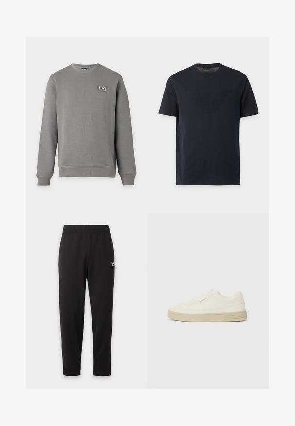 Grijze lange mouw crewneck-trui met geribbelde manchetten en zoom, met een klein EA7 Emporio Armani logopatch op de bovenste linkerborst.; Zwart T-shirt met korte mouwen en ronde hals, met een subtiel reliëf adelaarlogo op de borst en een merklapje binnenin de kraag.; Zwarte joggingbroek met elastische taille, taps toelopende pijpen en een klein wit logo op het bovenste linker bovenbeen.; Witte canvas sneakers met een gestructureerde rubberen zool, featuring een gestikte neuskap en logo-accent op de hak. Eenvoudig vetersluiting ontwerp.