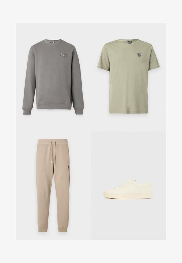 Sweat-shirt gris à manches longues avec col rond, poignets et ourlet côtelés, comportant un petit patch logo EA7 Emporio Armani sur la partie supérieure gauche de la poitrine.; T-shirt vert clair en coton doux, avec un col rond et des manches courtes. Comprend une petite écusson logo noir sur la poitrine.; Pantalon de jogging beige en mélange de coton doux, doté d'une taille élastique avec cordons de serrage et de poches latérales. Petite étiquette logo sur la hanche.; Baskets couleur crème avec une tige en cuir lisse, bout arrondi, laçage à l'avant et semelle en caoutchouc texturée. Design minimaliste, sans logo.