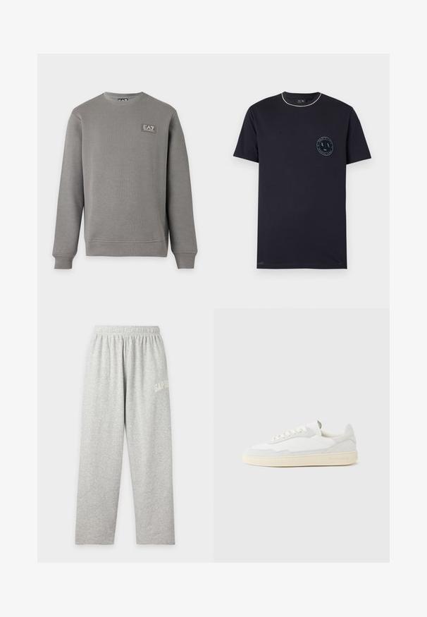 Sweat-shirt gris à manches longues avec col rond, poignets et ourlet côtelés, comportant un petit patch logo EA7 Emporio Armani sur la partie supérieure gauche de la poitrine.; T-shirt noir manches courtes à col rond avec petit écusson rond du logo Armani Exchange sur la poitrine gauche et bordure blanche au niveau du col.; Pantalon de jogging décontracté gris clair avec taille élastique et petit texte blanc "GAP 1969" sur la partie supérieure de la cuisse gauche.; Baskets blanches avec dessus en daim et cuir texturé. Caractérisées par un bout arrondi, une fermeture à lacets et une semelle en caoutchouc beige contrastante.
