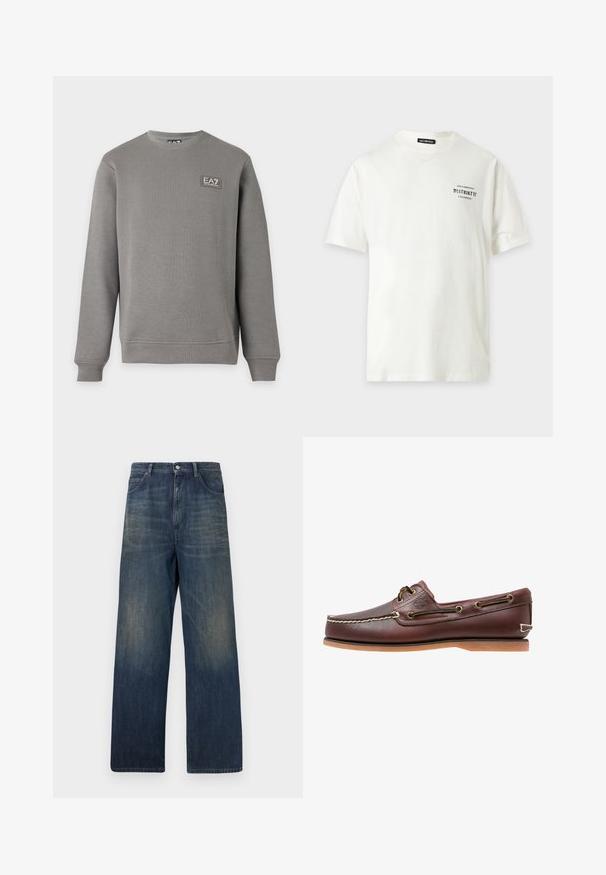 Sweat-shirt gris à manches longues avec col rond, poignets et ourlet côtelés, comportant un petit patch logo EA7 Emporio Armani sur la partie supérieure gauche de la poitrine.; T-shirt blanc à manches courtes avec un petit texte noir "HAN KJØBENHAVN DISTRIKT 37 CHAMPIONS" sur le côté gauche de la poitrine.; Jean denim bleu marine à jambe droite avec des zones délavées sur les cuisses et les poches avant, fermeture par bouton et passants pour ceinture.; Chaussure bateau en cuir marron avec coutures blanches, détails de lacets et semelle en caoutchouc beige, vue de côté sur fond blanc.