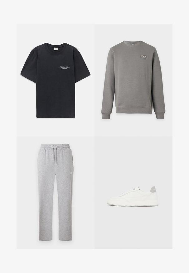 Sudadera gris de manga larga y cuello redondo con puños y bajo acanalados, con un pequeño parche con el logo EA7 Emporio Armani en la parte superior izquierda del pecho.; Camisa de tirantes negra con cuello redondo y logo pequeño en blanco de "Filling Pieces" en el lado izquierdo del pecho.; Pantalones deportivos de color gris claro con cintura elástica y cordón, con un pequeño logo blanco en la parte superior del muslo, mostrados de frente.; Zapatilla blanca de corte bajo con pestaña en el talón gris, cordones blancos y suela texturizada, presentada sobre un fondo claro y liso.
