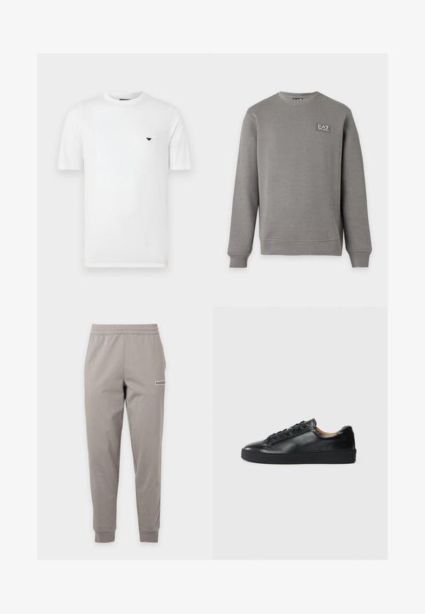Sweat-shirt gris à manches longues avec col rond, poignets et ourlet côtelés, comportant un petit patch logo EA7 Emporio Armani sur la partie supérieure gauche de la poitrine.; T-shirt en coton blanc avec col rond et manches courtes. Présente un petit logo noir sur le côté gauche de la poitrine. Texture lisse, coupe décontractée.; Pantalon de jogging slim gris clair avec taille et poignets élastiques, avec un petit logo rectangulaire sur la cuisse droite.; Baskets en cuir noir avec une texture lisse, bout rond et fermeture à lacets. Comprend une semelle en caoutchouc épaisse et un minimum de détails de marque.