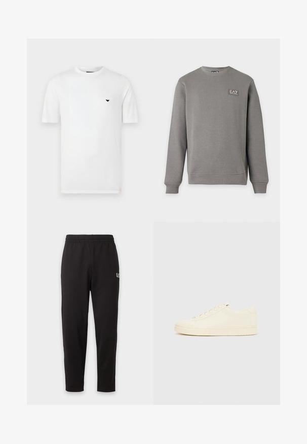 Sweat-shirt gris à manches longues avec col rond, poignets et ourlet côtelés, comportant un petit patch logo EA7 Emporio Armani sur la partie supérieure gauche de la poitrine.; T-shirt en coton blanc avec col rond et manches courtes. Présente un petit logo noir sur le côté gauche de la poitrine. Texture lisse, coupe décontractée.; Pantalon de survêtement noir à taille élastique, jambes fuselées, avec un petit logo blanc sur la partie supérieure de la cuisse gauche.; Baskets couleur crème avec une tige en cuir lisse, bout arrondi, laçage à l'avant et semelle en caoutchouc texturée. Design minimaliste, sans logo.