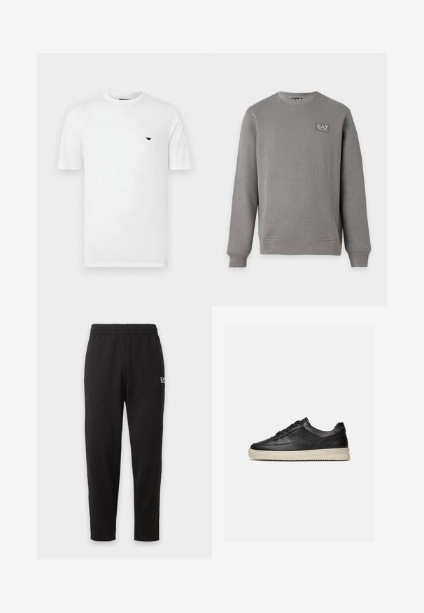 Sweat-shirt gris à manches longues avec col rond, poignets et ourlet côtelés, comportant un petit patch logo EA7 Emporio Armani sur la partie supérieure gauche de la poitrine.; T-shirt en coton blanc avec col rond et manches courtes. Présente un petit logo noir sur le côté gauche de la poitrine. Texture lisse, coupe décontractée.; Pantalon de survêtement noir à taille élastique, jambes fuselées, avec un petit logo blanc sur la partie supérieure de la cuisse gauche.; Baskets basses en cuir noir avec des lacets noirs et une semelle en caoutchouc épaisse de couleur crème, présentées sur un fond blanc.