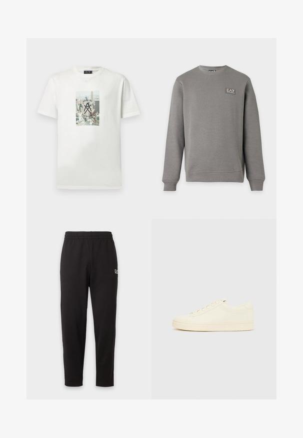 Grauer Sweatshirt mit langen Ärmeln und Rundhalsausschnitt, mit gerippten Bündchen und Saum, mit einem kleinen EA7 Emporio Armani Logo-Patch auf der oberen linken Brust.; Weißes Baumwoll-T-Shirt mit einem grafischen Druck einer Stadtansicht und dem Text sowie Logo "ARMANI EXCHANGE" in Schwarz in der Mitte. Kurze Ärmel.; Schwarze elastische Jogginghose mit zulaufenden Beinen und einem kleinen weißen Logo am oberen linken Oberschenkel.; Cremefarbener Sneaker mit glattem Lederoberteil, abgerundeter Zehenpartie, Schnürung vorne und strukturierter Gummisohle. Minimalistisches Design, ohne Logos.