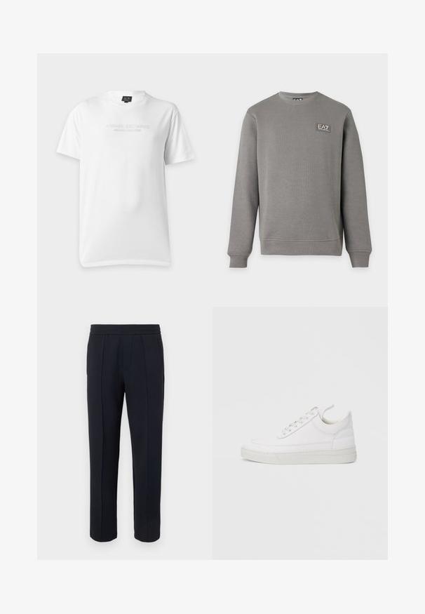 Sweat-shirt gris à manches longues avec col rond, poignets et ourlet côtelés, comportant un petit patch logo EA7 Emporio Armani sur la partie supérieure gauche de la poitrine.; T-shirt blanc à manches courtes avec col rond et texte en relief « Armani Exchange Milano New York » sur la poitrine.; Pantalon noir à jambe droite avec détail de couture avant, taille élastique et poches latérales sur un fond clair uni.; Baskets en cuir blanc avec un embout arrondi, une semelle plate et un laçage à l'avant. Présentent des détails de couture et un col rembourré pour plus de confort.