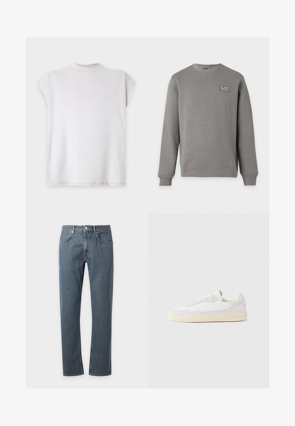 Sweat-shirt gris à manches longues avec col rond, poignets et ourlet côtelés, comportant un petit patch logo EA7 Emporio Armani sur la partie supérieure gauche de la poitrine.; T-shirt blanc uni à manches courtes avec un col rond, présenté à plat sur un fond clair.; Jeans en denim bleu à coupe droite avec poches avant, passants pour ceinture et fermeture par bouton, présentés sur un fond clair uni.; Baskets blanches avec dessus en daim et cuir texturé. Caractérisées par un bout arrondi, une fermeture à lacets et une semelle en caoutchouc beige contrastante.
