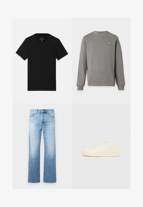 Grå langærmet sweatshirt med rund hals, ribkanter ved ærmer og kant, med et lille EA7 Emporio Armani logo patch på øverste venstre bryst.; Sorte t-shirt lavet af bomuld, med korte ærmer, en rund halsudskæring og et mærke med brandlogoet på indersiden af kraven.; Lyseblå denimjeans med lige ben, design med fem lommer, knaplukning og diskret falmning på lår og knæ.; Sneaker i cremefarve med en glat læderoverdel, rundet tå, snørelukning foran og en tekstureret gummisål. Minimalistisk design uden logoer.