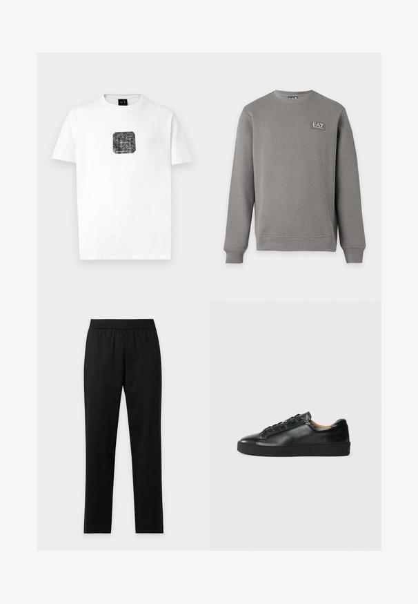 Grijze lange mouw crewneck-trui met geribbelde manchetten en zoom, met een klein EA7 Emporio Armani logopatch op de bovenste linkerborst.; Witte t-shirt met korte mouwen met een kleine zwarte vierkante grafiek met witte stippen en de tekst "Armani Exchange" op de borst.; Zwarte rechte broek met elastische tailleband, zonder zichtbare zakken of patronen, plat weergegeven op een lichte achtergrond.; Zwarte leren sneaker met een gladde textuur, ronde neus en vetersluiting. Heeft een dikke rubberen zool en minimale merkaanpassing.
