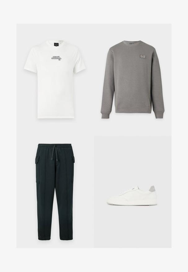 Grijze lange mouw crewneck-trui met geribbelde manchetten en zoom, met een klein EA7 Emporio Armani logopatch op de bovenste linkerborst.; Witte katoenen t-shirt met een zwart geborduurd logo "ARMANI EXCHANGE N.Y." op de borst. Korte mouwen en een klassieke ronde hals.; Zwarte sweatpants met een tailleband met trekkoord, zijzakken, detail van cargozak en zichtbare stiksels. Zachte stof met een comfortabele pasvorm.; Witte lage sneaker met grijze hielpatch, witte veters en een gestructureerde zool, gepresenteerd op een effen lichte achtergrond.