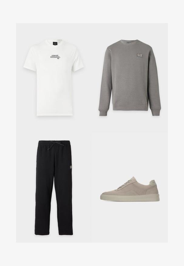 Sweat-shirt gris à manches longues avec col rond, poignets et ourlet côtelés, comportant un petit patch logo EA7 Emporio Armani sur la partie supérieure gauche de la poitrine.; T-shirt en coton blanc avec un logo brodé noir "ARMANI EXCHANGE N.Y." sur la poitrine. Manches courtes et encolure classique.; Pantalon de survêtement noir avec taille élastique et cordon, avec un petit patch logo EA7 rectangulaire sur la partie supérieure de la cuisse gauche.; Baskets en daim beige avec une finition texturée, un bout arrondi et des lacets ton sur ton. Elles présentent une semelle en caoutchouc épaisse et un branding discret sur le talon.