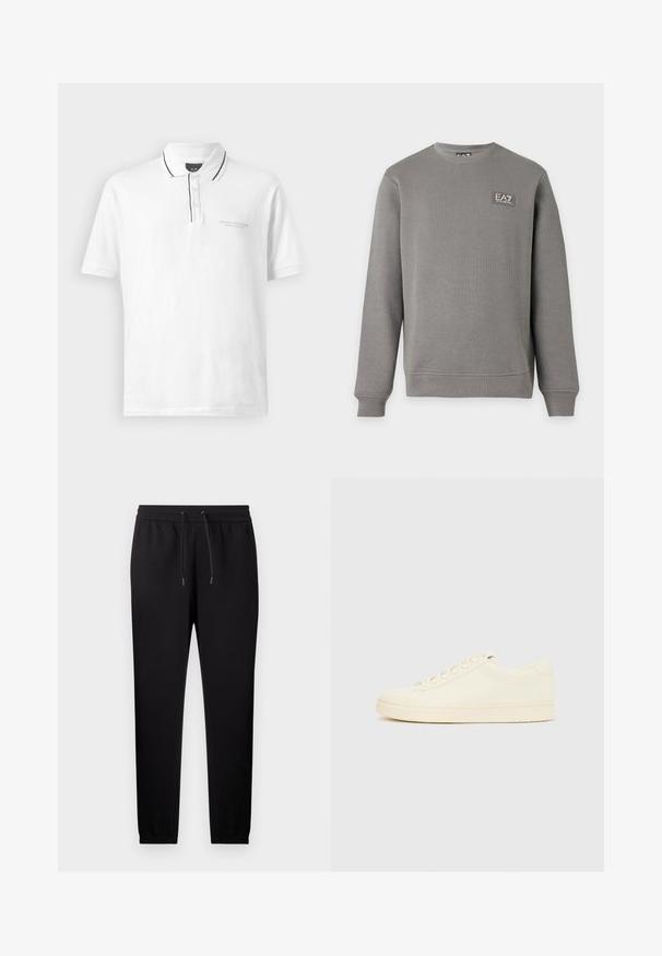Sudadera gris de manga larga y cuello redondo con puños y bajo acanalados, con un pequeño parche con el logo EA7 Emporio Armani en la parte superior izquierda del pecho.; Camisa tipo polo blanca con cuello, que presenta un borde negro a lo largo del cuello y la tapeta. Incluye tres botones y un logo sutil en el pecho.; Pantalones deportivos negros de corte entallado con cintura elástica y cordón, con puños en los tobillos y bolsillos laterales.; Zapatilla de color crema con parte superior de cuero liso, puntera redondeada, cierre de cordones y suela de goma texturizada. Diseño minimalista, sin logotipos.