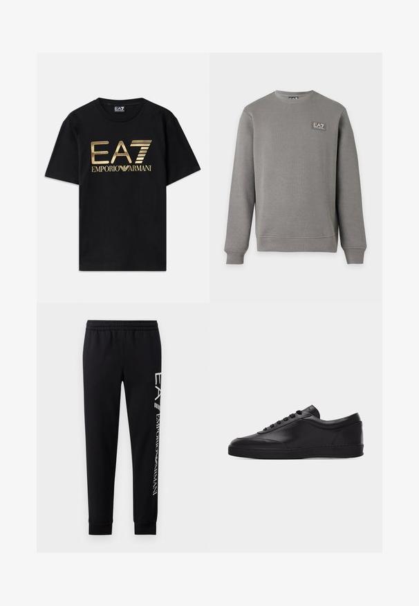 Grauer Sweatshirt mit langen Ärmeln und Rundhalsausschnitt, mit gerippten Bündchen und Saum, mit einem kleinen EA7 Emporio Armani Logo-Patch auf der oberen linken Brust.; Schwarzes Baumwoll-T-Shirt mit kurzen Ärmeln, auf dessen Vorderseite ein in Gold gedrucktes "EA7 EMPORIO ARMANI" Logo prangt. Schlichtes Design, Rundhalsausschnitt.; Schwarze Sweatpants aus Baumwollmischung mit elastischem Taillenbund, schmal zulaufenden Beinen, gerippten Bündchen und weißem Logo-Druck entlang der Seite.; Schwarzer flacher Leder-Sneaker mit Schnürung vorne und flacher Gummisohle, seitlich auf einem schlichten weißen Hintergrund gezeigt.