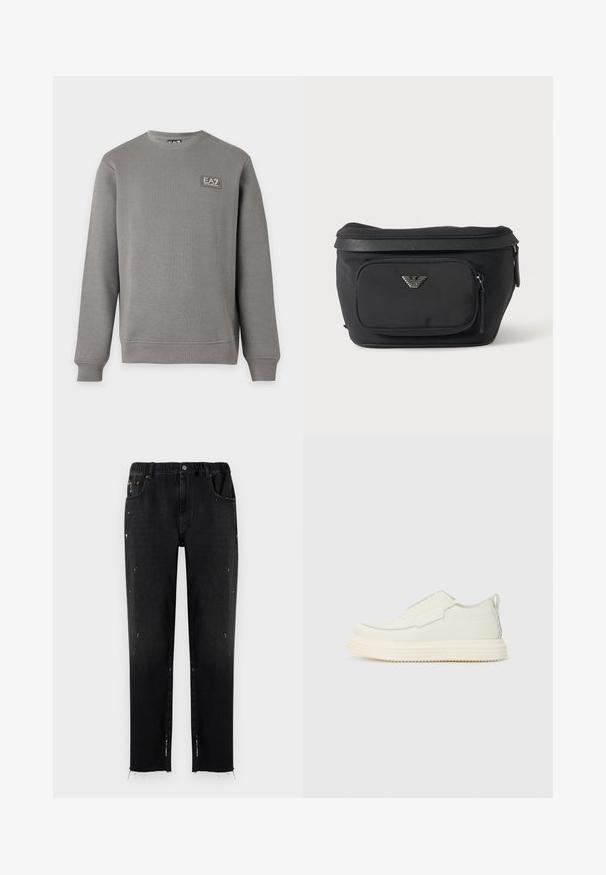 Grauer Sweatshirt mit langen Ärmeln und Rundhalsausschnitt, mit gerippten Bündchen und Saum, mit einem kleinen EA7 Emporio Armani Logo-Patch auf der oberen linken Brust.; Schwarze Jeans aus Denim mit elastischem Bund, geradem Schnitt, abgetragenen Details und fransigem Saum. Mit Taschen und Knopfverschluss.; Slip-On-Sneaker aus off-weißem, strukturiertem Material mit dicker, geriffelter Sohle. Verfügt über minimale Nähte und einen dezenten hellblauen Akzent.; Schwarze Bauchtasche mit Frontreißverschlusstasche und silbernem Adlerlogo, glattes Gewebe mit strukturiertem Besatz und Reißverschlussanhängern.