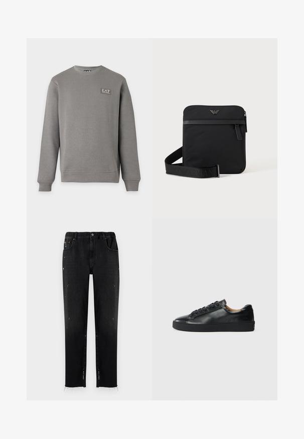 Grauer Sweatshirt mit langen Ärmeln und Rundhalsausschnitt, mit gerippten Bündchen und Saum, mit einem kleinen EA7 Emporio Armani Logo-Patch auf der oberen linken Brust.; Schwarze Jeans aus Denim mit elastischem Bund, geradem Schnitt, abgetragenen Details und fransigem Saum. Mit Taschen und Knopfverschluss.; Schwarze Leder-Sneaker mit glatter Textur, runder Zehenpartie und Schnürverschluss. Verfügt über eine dicke Gummisohle und minimalistische Marken-Details.; Schwarze quadratische Schultertasche mit Reißverschluss, Vordertasche und verstellbarem Riemen mit eingeprägtem Markennamen.