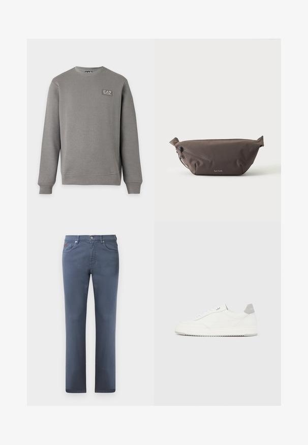 Grijze lange mouw crewneck-trui met geribbelde manchetten en zoom, met een klein EA7 Emporio Armani logopatch op de bovenste linkerborst.; Grijze denim jeans met een rechte snit, vijf zakken en een metalen knoopsluiting. Bevat subtiele stiksels en een klein logo-detail.; Witte lage sneaker met grijze hielpatch, witte veters en een gestructureerde zool, gepresenteerd op een effen lichte achtergrond.; Donkerbruine stoffen heuptas met diagonale ritssluiting en klein wit logo aan de voorkant, tegen een effen lichte achtergrond.