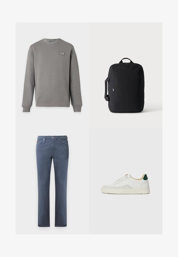 Grauer Sweatshirt mit langen Ärmeln und Rundhalsausschnitt, mit gerippten Bündchen und Saum, mit einem kleinen EA7 Emporio Armani Logo-Patch auf der oberen linken Brust.; Graue Denim-Jeans mit geradem Schnitt, fünf Taschen und einem Metallknopfverschluss. Verfügt über dezente Nähte und ein kleines Logodetail.; Weiße Sneaker mit Wildlederelementen, runder Zehenpartie, flachen Schnürsenkeln und einer cremefarbenen Gummisohle. Mit grünen Markenlogo am Fersenbereich.; Schwarze rechteckige Reisetasche mit oberen und seitlichen Griffen, minimalistischem Design und kleinem Logo vorne vor hellem, einfarbigem Hintergrund.