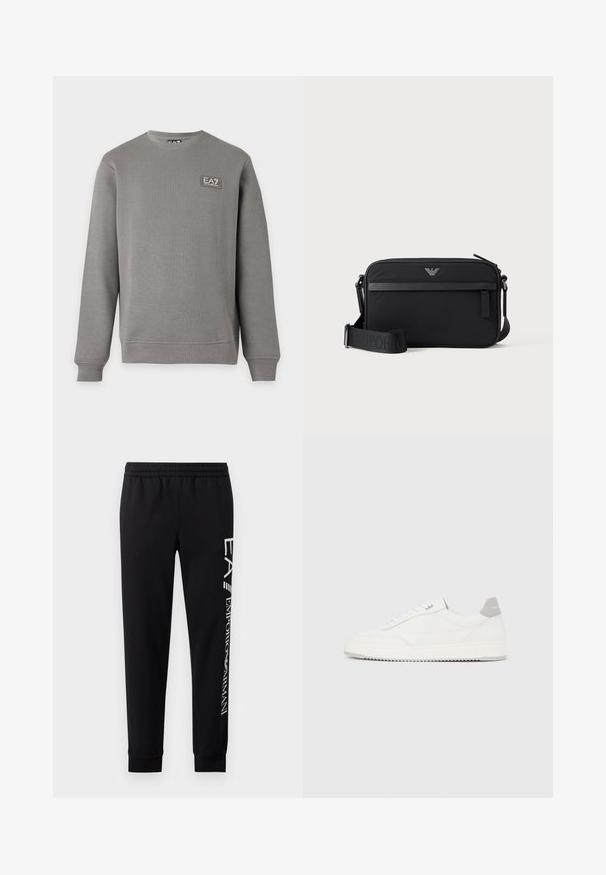 Grauer Sweatshirt mit langen Ärmeln und Rundhalsausschnitt, mit gerippten Bündchen und Saum, mit einem kleinen EA7 Emporio Armani Logo-Patch auf der oberen linken Brust.; Schwarze Sweatpants aus Baumwollmischung mit elastischem Taillenbund, schmal zulaufenden Beinen, gerippten Bündchen und weißem Logo-Druck entlang der Seite.; Weißer Sneaker mit niedrigem Schaft, grauem Fersenlaschen, weißen Schnürsenkeln und einer strukturierten Sohle, dargestellt vor einem schlichten hellen Hintergrund.; Schwarze rechteckige Umhängetasche mit vorderer Reißverschlusstasche, verstellbarem Schultergurt und kleinem Metalllogo oben in der Mitte.