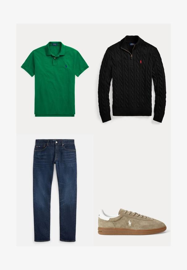 Čierny sveter so vzorom copu s trojtvrtinovým zipsom a červeným vyšívaným logom Polo Ralph Lauren na hrudi.; Zelené tričko polo s krátkym rukávom, golierom a dielcom na dva gombíky, s malým tmavomodrým vyšívaným logom na ľavej strane hrudníka.; Tmavomodré slim-fit rifle s jemným vyblednutím na stehnách, dizajn s piatimi vreckami a zapínaním na gombík v páse.; Nízkoprofilová béžová semišová teniska s hnedou podrážkou, bielym detailom na päte, šnúrkami a bielym vyšívaným logom hráča póla na boku.