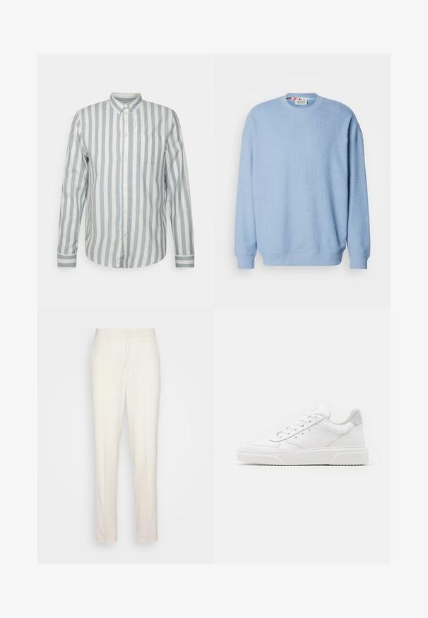 Scotch & Soda TEXTURED - Sweatshirt - faded denim; Knapp-up skjorte i lyseblå og off-white striber. Har en klassisk krave, lange ærmer og en brystlomme. Blødt stof, afslappet pasform.; Cremefarvede skræddersyede bukser med lige snit, lavet af tekstureret stof. Har bæltestikler og en lynlåslukning foran.; Hvide lædersneakers med en glat finish, rund tå, flade snørebånd og en struktureret sål. Grå ruskindsdetalje ved hælen.