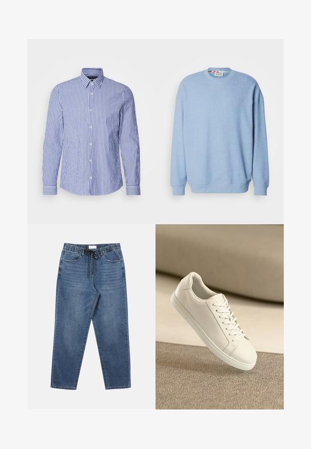 Scotch & Soda TEXTURED - Collegepaita - faded denim; Sininen ja valkoinen raidallinen pitkähihainen nappipaita, joka on valmistettu kudotusta puuvillasta, klassisella kauluksella ja pyöristetyllä helman muodolla. Varustettu helmillä napeilla.; Siniset farkkuhousut kuminauhavyötäröllä ja mustalla kiristysnyörillä, edessä taskut ja hieman kapenevat lahkeet.; Valkoinen nahkakenkä valkoisilla nauhoilla, esillä beigellä tekstuuripinnalla ja pehmeästi sumentuneessa taustassa.