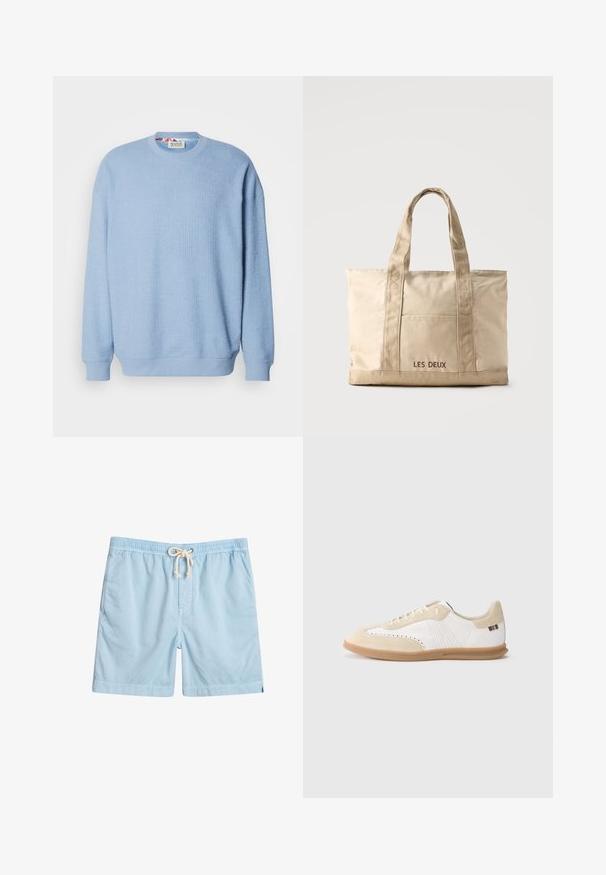 Scotch & Soda TEXTURED - Sudadera - faded denim; Bañador azul claro de tejido suave, con cintura elástica, bolsillos frontales y cordón de ajuste para mayor comodidad.; Zapatilla blanca con detalles en ante beige claro, perforaciones, cordones planos y suela de goma color caramelo. Presenta una marca a rayas en el talón.; Bolsa tote de lona beige con dos asas y bolsillo delantero, "LES DEUX" bordado en el bolsillo.