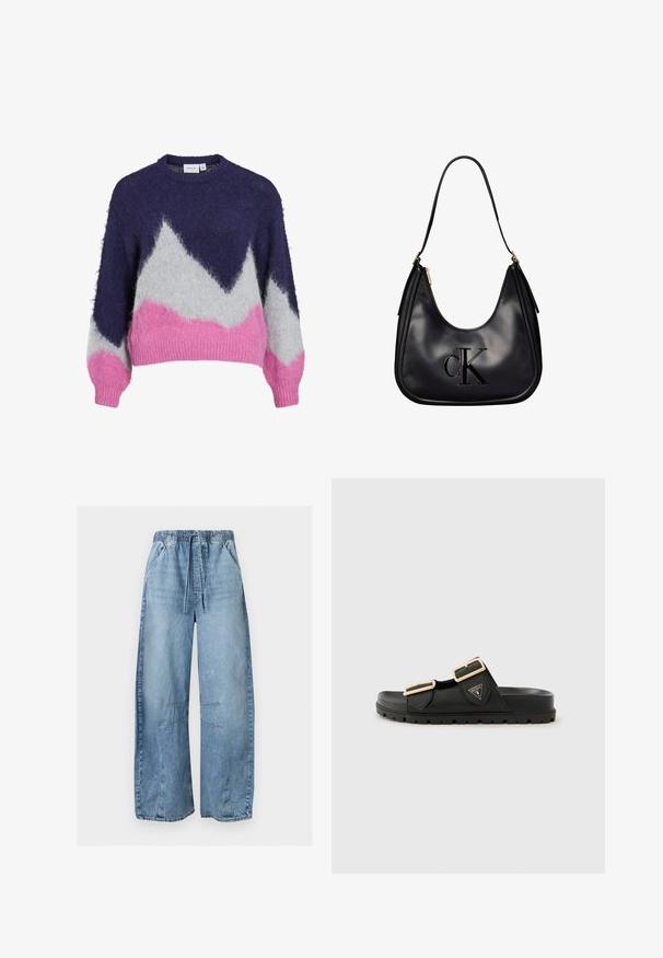Pull en maille marine, gris et rose avec un motif géométrique de montagnes. Il présente un col rond et des manches longues légèrement bouffantes.; Pantalon en jean bleu clair à jambes larges avec taille élastique et cordon, poches avant et détails cousus aux genoux.; Sandales noires à glissière avec deux brides ajustables, boucles en ton doré, tige en caoutchouc texturé et semelle épaisse et texturée. Logo affiché sur le côté.; Sac d'épaule en cuir noir avec fermeture éclair dorée, présentant un logo "cK" en relief sur le devant et une bandoulière unique pour le porter.